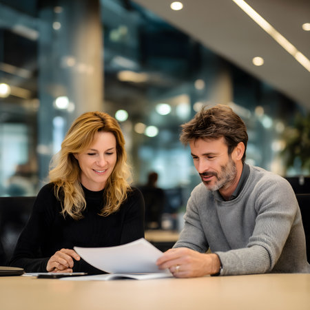 Two business people working together in an office. Business people working together in an office.の素材
