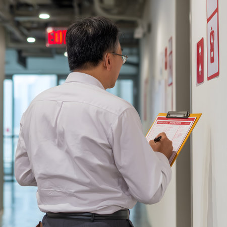 businessman writing on a clipboard in a corridor of a modern officeの素材