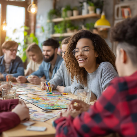 Group of young multiethnic people playing board games together in cafeの素材