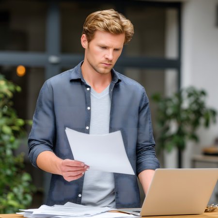 business, education, office and people concept - serious young man with papers in officeの素材