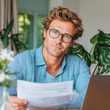 Portrait of handsome young man in eyeglasses working on laptop while sitting at homeの素材