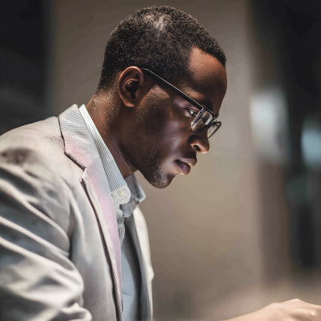 Serious african american businessman wearing eyeglasses looking awayの素材