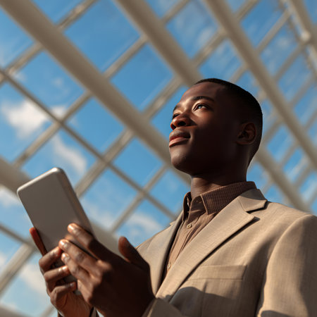 young african american businessman using tablet pc at modern office buildingの素材