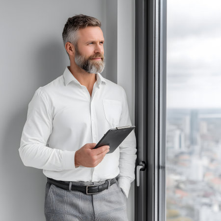 handsome mature businessman holding clipboard and looking away while standing near windowの素材