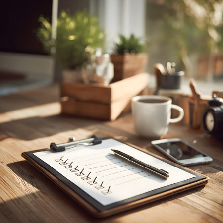 Blank notepad with pen and coffee cup on wooden table.の素材