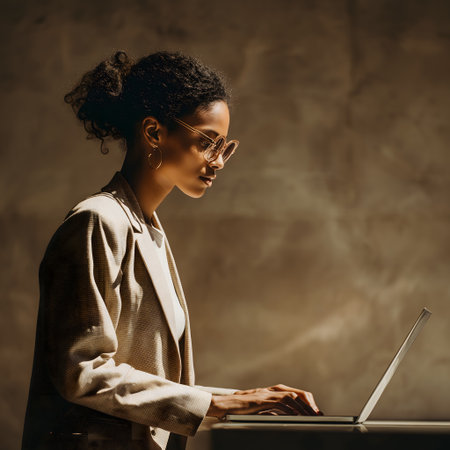 Side view portrait of a young african american businesswoman in eyeglasses working on laptop.の素材