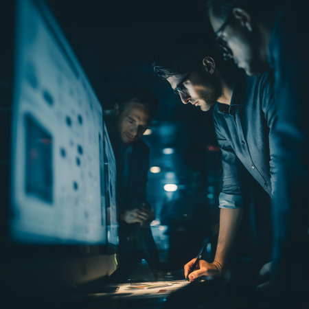 Side view of young team of software developers working together in dark officeの素材
