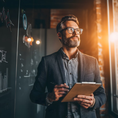 Portrait of confident bearded businessman in eyeglasses holding clipboard while standing in officeの素材