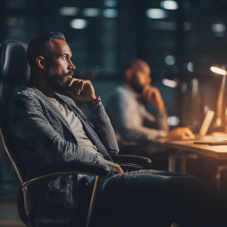Handsome young African-American man in smart casual wear is sitting in chair and looking away while working on computer in modern officeの素材