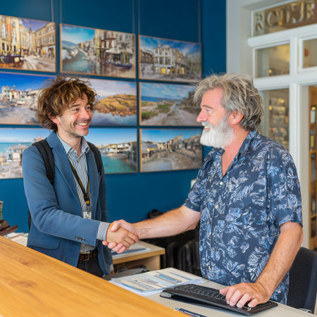 Smiling businessman shaking hands with his colleague at desk in the officeの素材