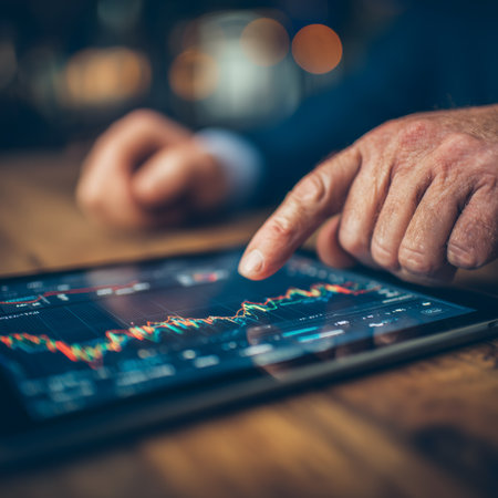 Close up of male hands using tablet computer with financial chart on screenの素材