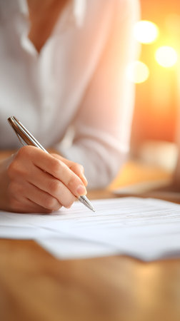 Closeup of businesswoman signing contract at desk in office. Business conceptの素材