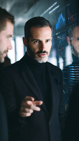 Portrait of serious mature businessman looking at camera while standing in officeの素材