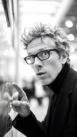 Portrait of a handsome young man in black coat and eyeglasses looking at the camera in the cityの素材