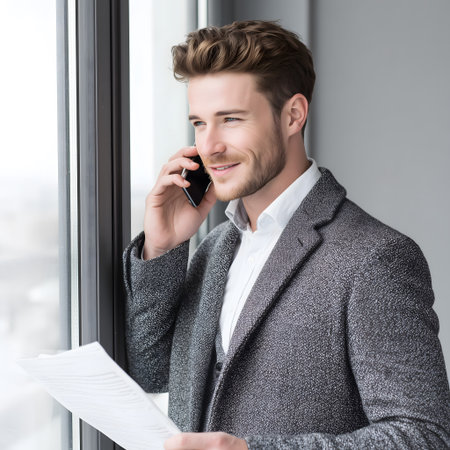 Handsome young businessman talking on mobile phone and holding documents in officeの素材