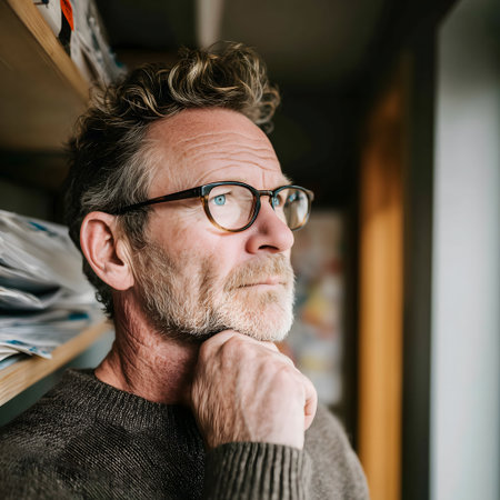 Portrait of a senior man in eyeglasses leaning against a shelfの素材