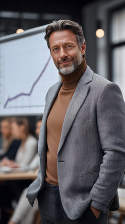 smiling mature businessman standing with hands in pockets and looking at camera in officeの素材