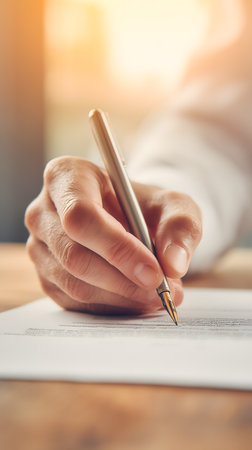 Close up of female hand signing a contract with a fountain pen.の素材