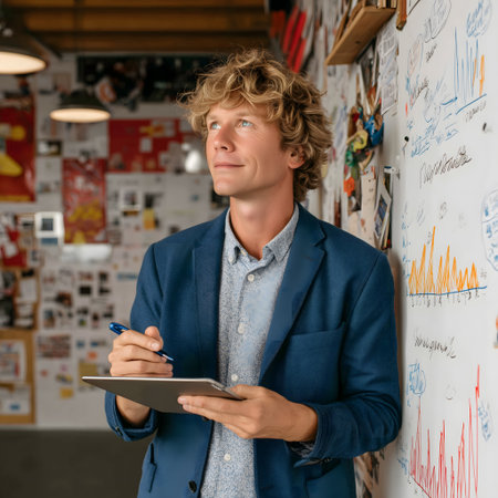 Handsome young man in a blue jacket is standing in the office and using a tablet.の素材