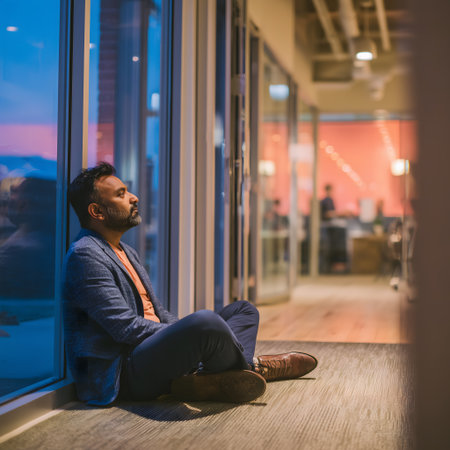 Portrait of a young businessman sitting on the floor in the officeの素材