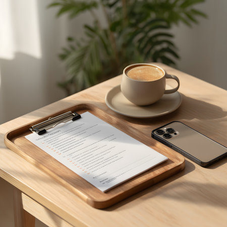 Cup of coffee, smartphone and contract on wooden table in officeの素材