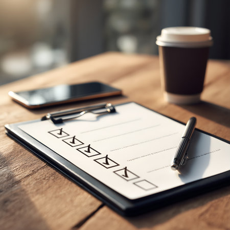 Checklist with pen and smartphone on wooden table. Business planning conceptの素材