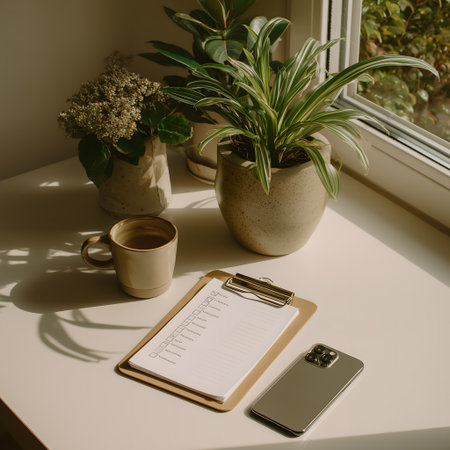 Cup of coffee, notebook, smartphone and potted plants on windowsillの素材