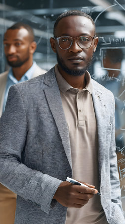 young african american businessman in eyeglasses holding marker and looking at camera in officeの素材