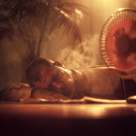 Exhausted man sleeping table heat stress sweat overwork tiredness problemの素材