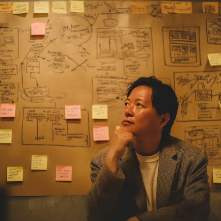 Portrait of Asian business man thinking and looking at sticky notes on wall in office.の素材