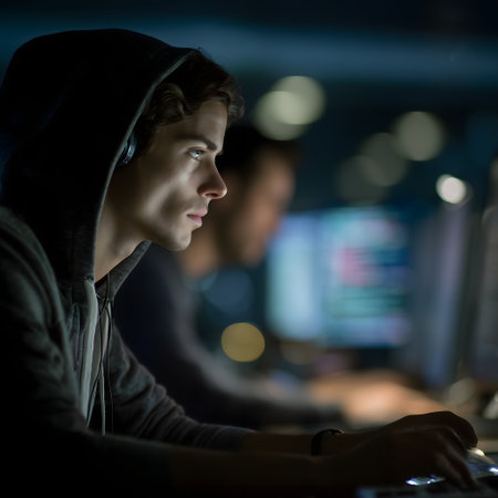 Group of young computer gamers playing online games at night in a dark roomの素材
