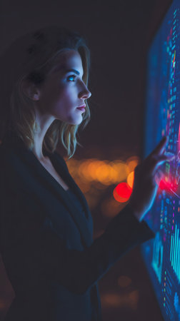 portrait of a young businesswoman working on a computer in the darkの素材