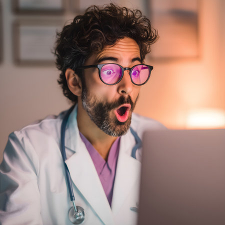 Portrait of a young male doctor using laptop computer at home.の素材