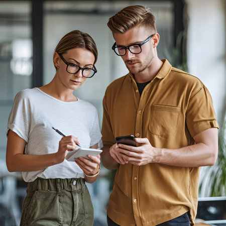 young business people in eyeglasses using smartphone and writing in notepadの素材