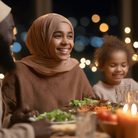 african muslim family eating salad at christmas dinner at nightの素材