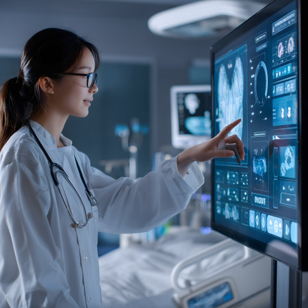 asian female doctor looking at x-ray image in the hospitalの素材