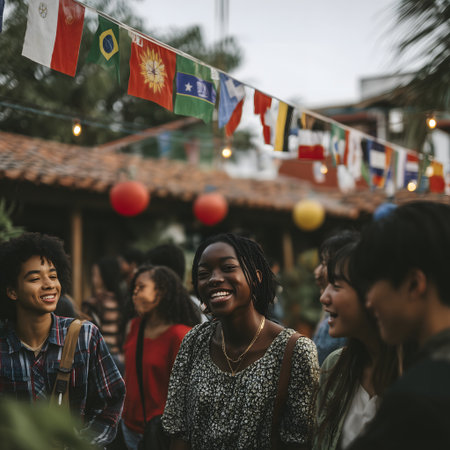 Group of diverse people having fun together at a street food festival.の素材
