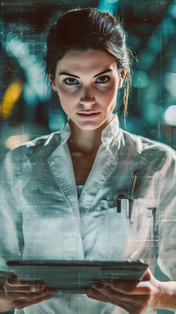 Portrait of a beautiful young woman in a lab coat holding a tablet computer. The concept of modern technology and science.の素材