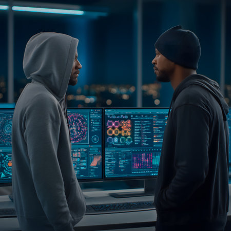 Side view of two hackers in hoods looking at each other while standing in front of computer screensの素材