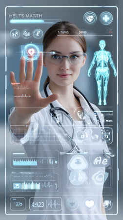 Medical doctor working with virtual screen. Healthcare and medical technology concept.の素材