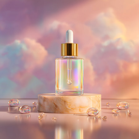 Cosmetic bottle with dropper on white podium. 3D renderingの素材