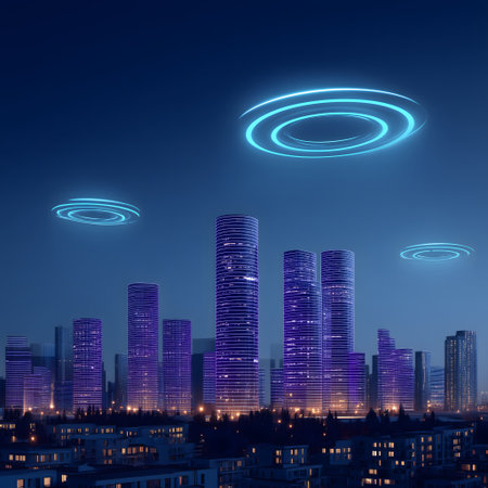 Futuristic city at night with glowing neon lights, 3d renderingの素材