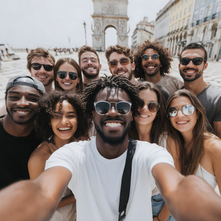 Multiethnic group of friends taking a selfie together in the cityの素材