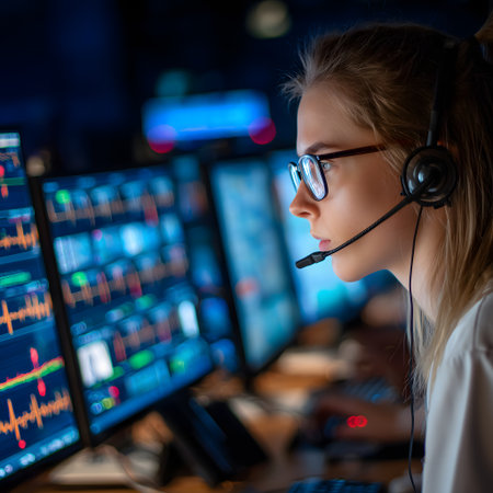 Portrait of young female security guard wearing headset and looking at computer monitor with stock market data.の素材