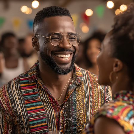 Portrait of a smiling African-American man with glasses standing in a restaurantの素材