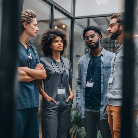 selective focus of multicultural doctors looking at camera while standing in corridorの素材