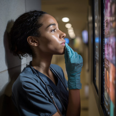 Portrait of a young female doctor looking at an information board in a hospitalの素材