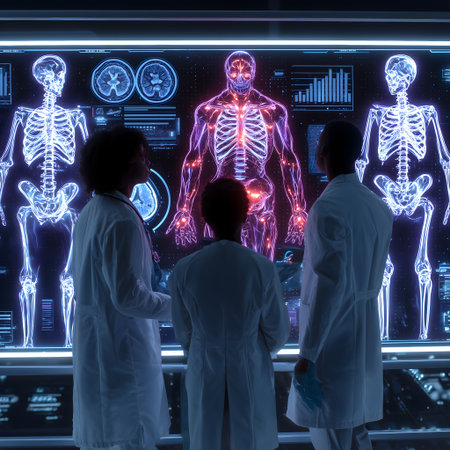 Rear view of doctors looking at x-ray image of human bodyの素材