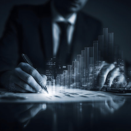 Businessman analyzing investment charts with calculator. Accounting and financial concept.の素材