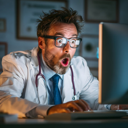 Surprised doctor working on computer in his office at night.の素材
